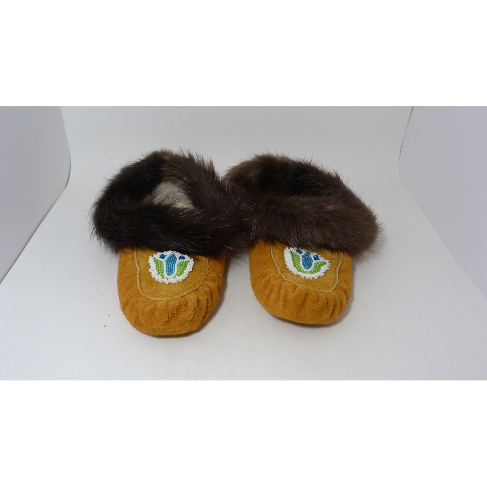 Handmade Suede Beaded Moccasin Slippers with Fur Trim Tan Brown Floral